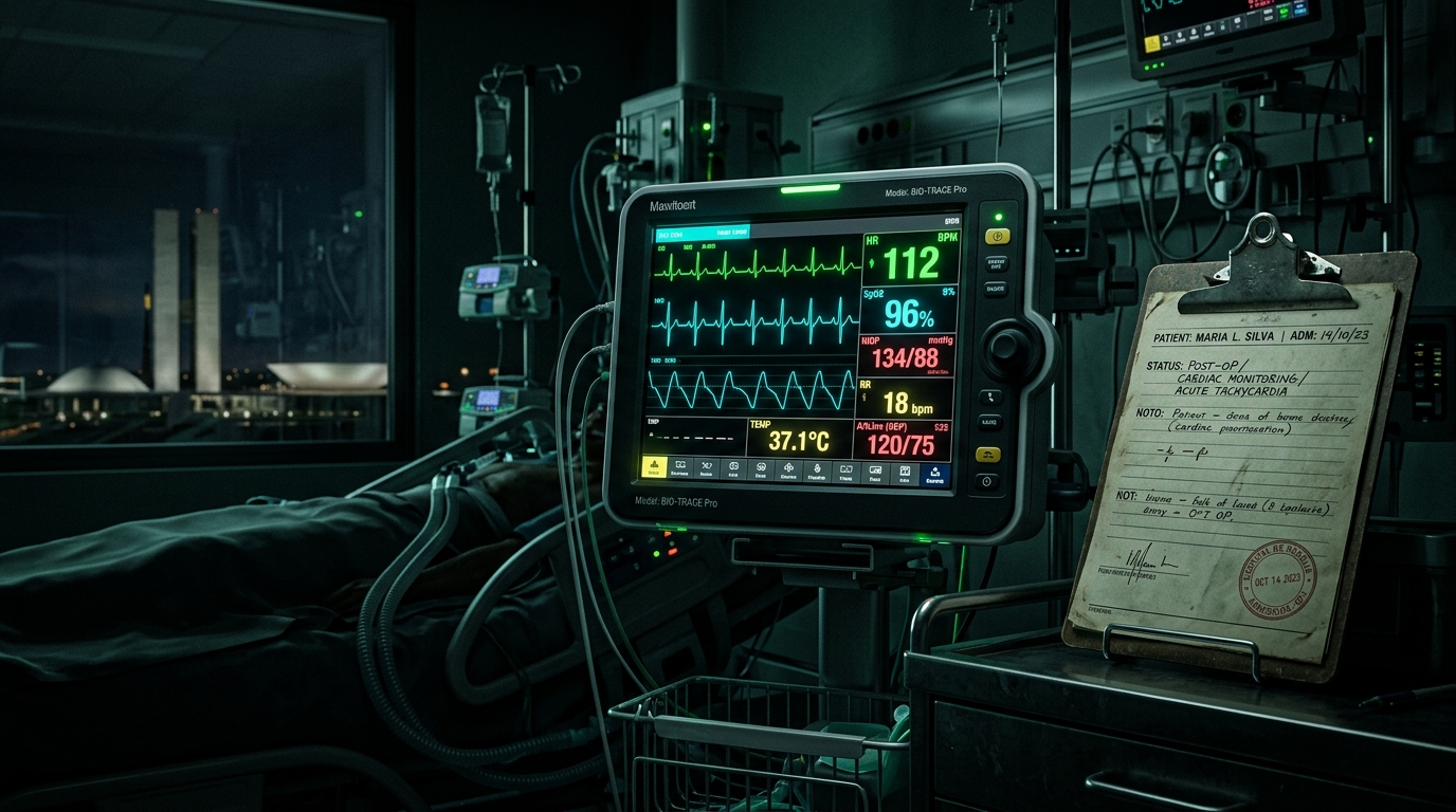 Monitor de UTI com Congresso Nacional ao fundo e prontuário médico confidencial